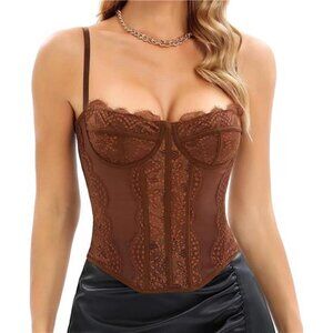 Brown Lace Sexy Bustier Corset‎ Top Sleeveless Cami Bodycon Boned Party Top